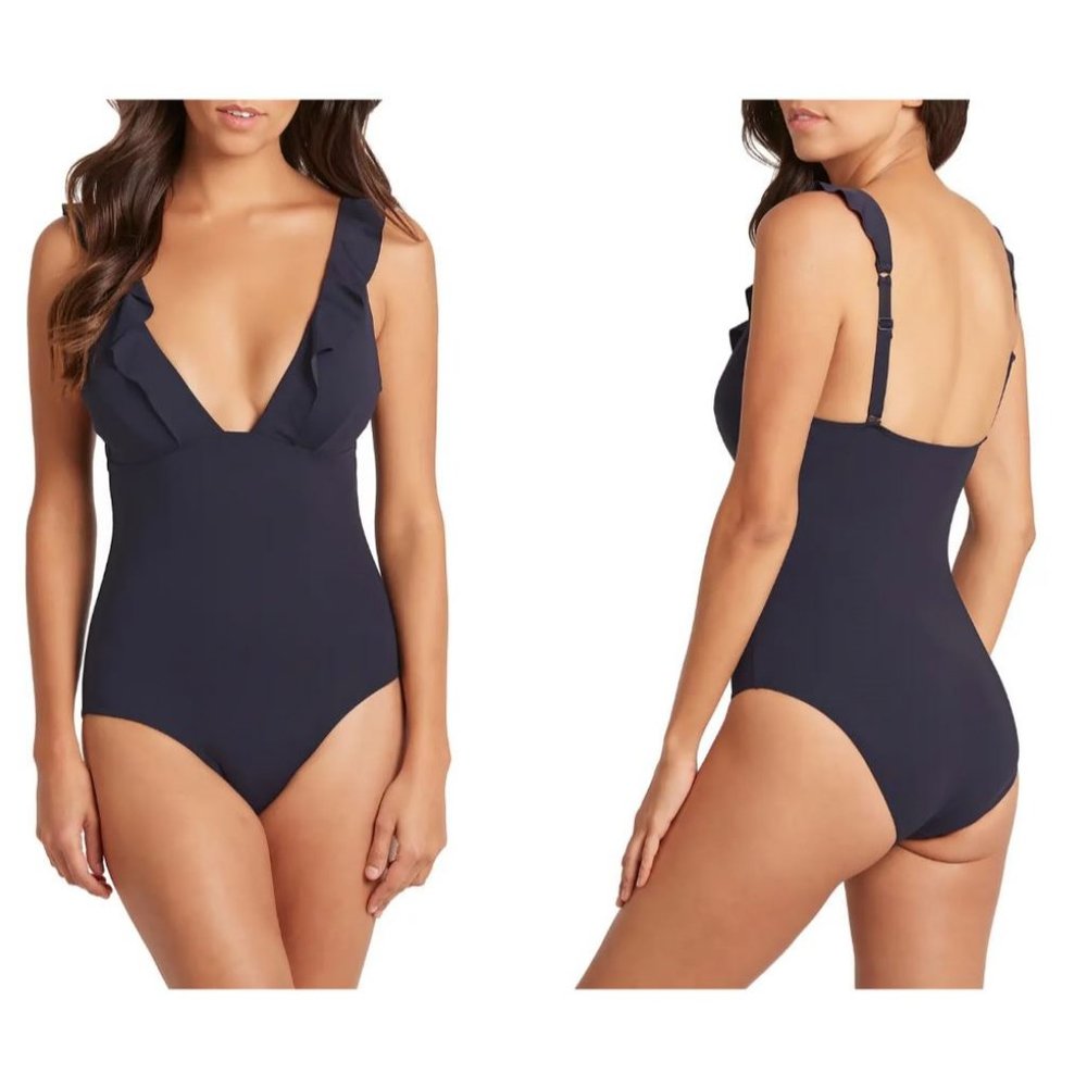 Sea Level Frill OnePiece Swimsuit Night Sky Blue Gem